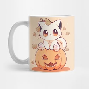 White kitten sitting on a pumpkin Mug